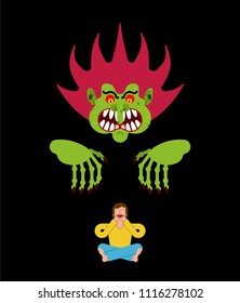 Scary man scaring guy. Nightmare monster with long claws. Vector illustration