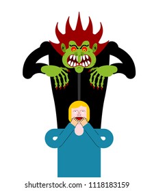 Scary man scaring guy. Nightmare monster with long claws. Vector illustration