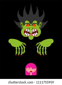 Scary man scaring little girl. Nightmare monster with long claws. Vector illustration