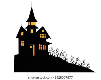 Mansão assustadora com torres e torres em uma montanha coberta por arbustos - vetor imagem de Halloween. Ilustração assombrada casa de Halloween