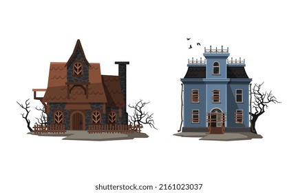 Scary mansions set. Abandoned creepy houses cartoon vector illustration