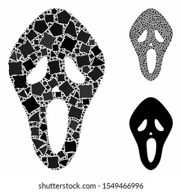 Scary mask composition of bumpy items in different sizes and color tints, based on scary mask icon. Vector raggy pieces are grouped into collage. Scary mask icons collage with dotted pattern.