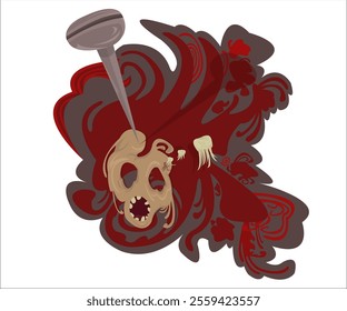 A scary mask, hanging on a spike, some teeth; elegant, scandal, dark background. This cartoon joke illustration can be used as a logotype for creative groops, as a print for t-shirts. Vector, isolated