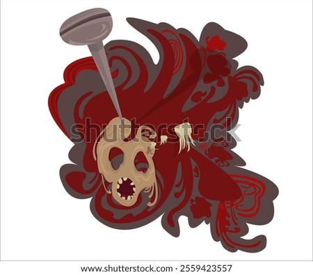 A scary mask, hanging on a spike, some teeth; elegant, scandal, dark background. This cartoon joke illustration can be used as a logotype for creative groops, as a print for t-shirts. Vector, isolated