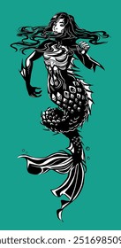 Sirena de miedo en Arte vectorial. Mitad mujer mística de pelo negro y mitad criatura de pez.
Las extremidades se agrupan por separado en cinco partes para la animación, tatuaje u otro. (Brazos, cola, etc.)