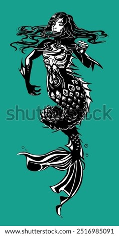 Scary Mermaid in vector art. Half black haired mystical woman and half fish creature.
Limbs are grouped separately in five  parts for animation, Tattoo or other. (Arms, tail, etc.)