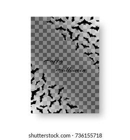 Scary mock card layout with bats for festive Halloween design on a transparent backdrop. Vector illustration.