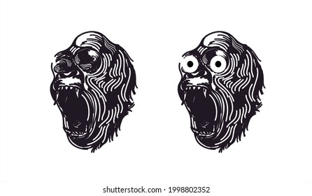 Scary Monkey Face, Vector Illustration. Animal Monster Logo. Symbols For A Horror Movie. Hairy Furry Yeti Creature.