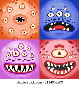 Scary Monster or aliens faces masks with mouth and eyes. Cartoon vector monster faces set with different expressions emotions.