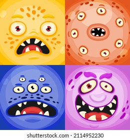 Scary Monster or aliens faces masks with mouth and eyes. Cartoon vector monster faces set with different expressions emotions.