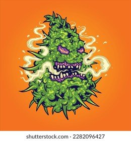 Scary monster cannabis bud sativa leaf smoking weed logo cartoon illustrations vector for your work logo, merchandise t-shirt, stickers and label designs, poster, greeting cards advertising business 