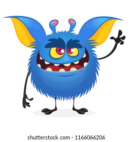 Scary monster character with a big mouth waving hand. Vector illustration clipart