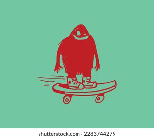 Scary monster doing skateboarding, rough vector style art