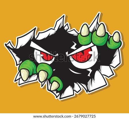 Scary monster eyes with sharp claws tearing through a wall. Perfect for stickers, gaming, mascot design, t-shirts, and Halloween themed projects.