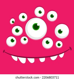 Scary monster face with many eyes. Illustration of cute and happy alien creature expression