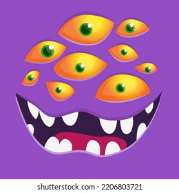 Scary monster face with many eyes. Illustration of cute and happy alien creature expression