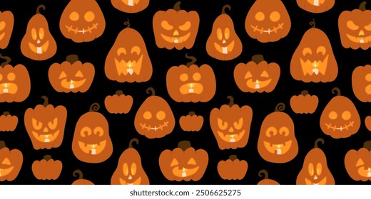 Scary Monster Faces Seamless pattern. Jack O Lantern lit in the dark, candles inside carved pumpkin. Simple flat cartoon background for packaging and clothes design.