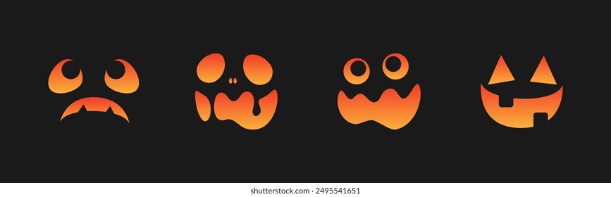 Conjunto de caras de monstruo de miedo. Jack O Lantern Cara Halloween Calabaza Icono Colección. Sencillas Ilustraciones de terror espeluznantes.