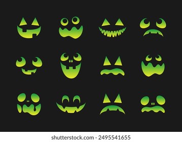 Conjunto de caras de monstruo de miedo. Jack O Lantern Cara Halloween Calabaza Icono Colección. Sencillas Ilustraciones de terror espeluznantes.