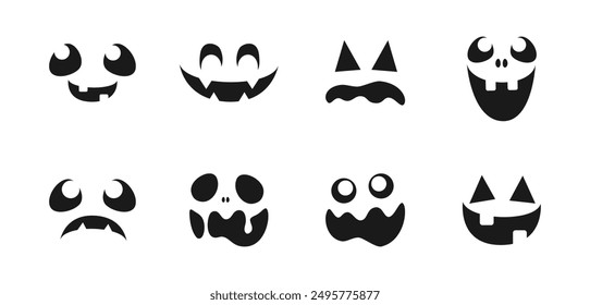 Conjunto de caras de monstruo de miedo. Jack O Lantern Cara Halloween Calabaza Icono Colección. Sencillas Ilustraciones de terror espeluznantes.