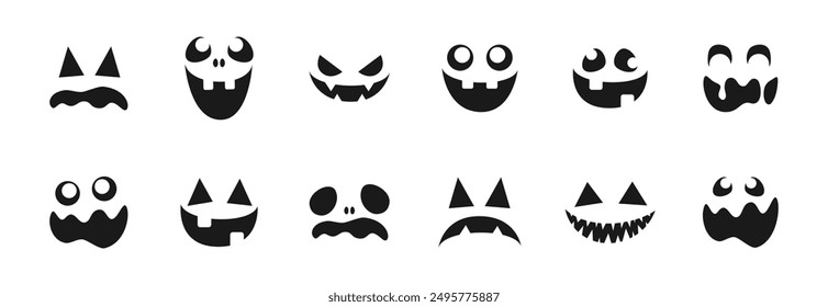 Conjunto de caras de monstruo de miedo. Jack O Lantern Cara Halloween Calabaza Icono Colección. Sencillas Ilustraciones de terror espeluznantes.