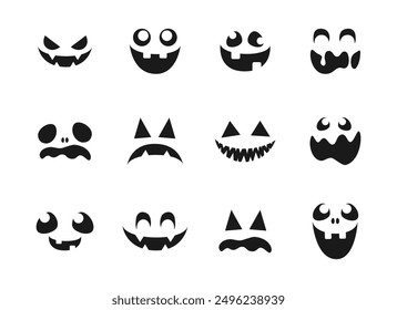 Conjunto de caras de monstruo de miedo. Jack O Lantern Cara Halloween Calabaza Icono Colección. Sencillas Ilustraciones de terror espeluznantes.