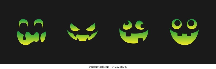 Conjunto de caras de monstruo de miedo. Jack O Lantern Cara Halloween Calabaza Icono Colección. Sencillas Ilustraciones de terror espeluznantes.