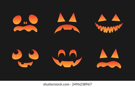 Conjunto de caras de monstruo de miedo. Jack O Lantern Cara Halloween Calabaza Icono Colección. Sencillas Ilustraciones de terror espeluznantes.