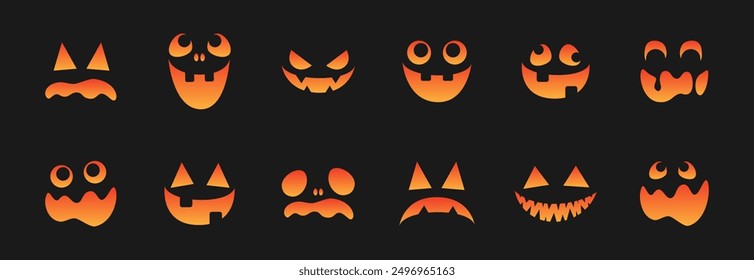 Conjunto de caras de monstruo de miedo. Jack O Lantern Cara Halloween Calabaza Icono Colección. Sencillas Ilustraciones de terror espeluznantes.