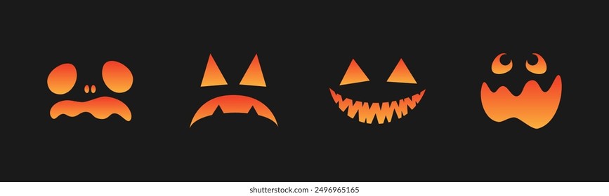 Scary Monster Faces Set. Jack O Lantern Face Halloween Pumpkin Icon Collection. Simple Creepy Horror Illustrations.