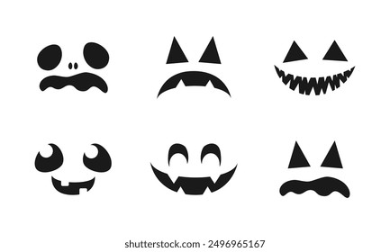 Conjunto de caras de monstruo de miedo. Jack O Lantern Cara Halloween Calabaza Icono Colección. Sencillas Ilustraciones de terror espeluznantes.