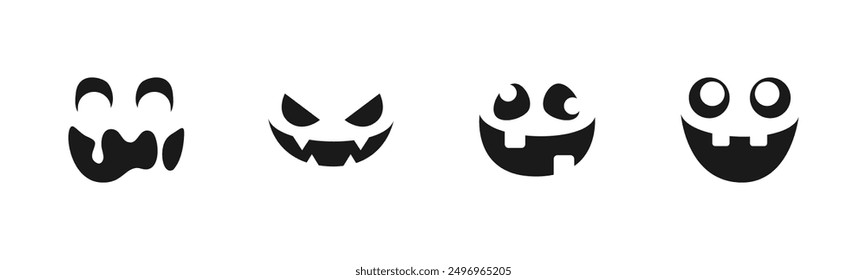 Conjunto de caras de monstruo de miedo. Jack O Lantern Cara Halloween Calabaza Icono Colección. Sencillas Ilustraciones de terror espeluznantes.