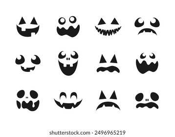 Conjunto de caras de monstruo de miedo. Jack O Lantern Cara Halloween Calabaza Icono Colección. Sencillas Ilustraciones de terror espeluznantes.