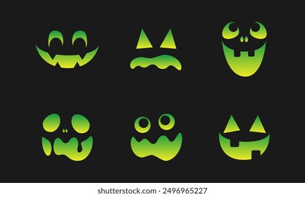 Conjunto de caras de monstruo de miedo. Jack O Lantern Cara Halloween Calabaza Icono Colección. Sencillas Ilustraciones de terror espeluznantes.