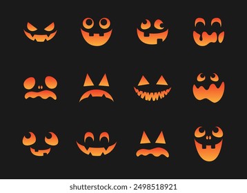 Conjunto de caras de monstruo de miedo. Jack O Lantern Cara Halloween Calabaza Icono Colección.