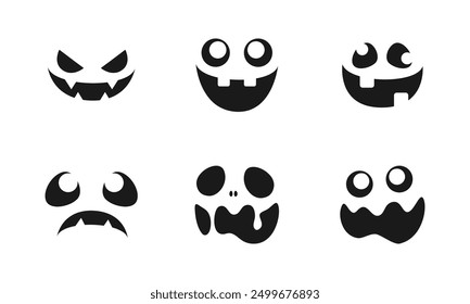 Scary Monster Faces Set. Jack O Lantern Face Halloween Pumpkin Icon Collection. Simple Creepy Horror Illustrations.