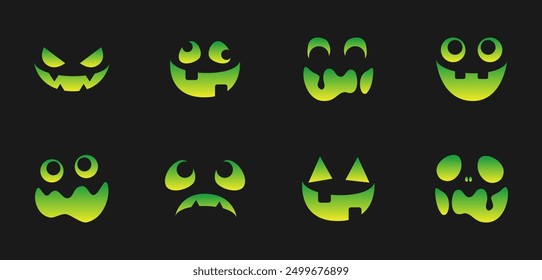 Scary Monster Faces Set. Jack O Lantern Face Halloween Pumpkin Icon Collection. Simple Creepy Horror Illustrations.