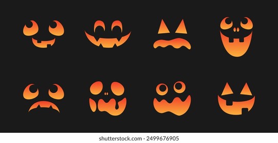 Scary Monster Faces Set. Jack O Lantern Face Halloween Kürbis Icon Kollektion. Einfache gruselige Horrorgrafiken.