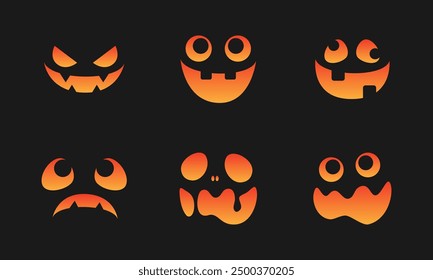 Conjunto de caras de monstruo de miedo. Jack O Lantern Cara Halloween Calabaza Icono Colección. Sencillas Ilustraciones de terror espeluznantes.