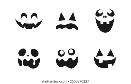 Conjunto de caras de monstruo de miedo. Jack O Lantern Cara Halloween Calabaza Icono Colección. Sencillas Ilustraciones de terror espeluznantes.