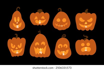 Scary Monster Faces Set. Jack O Lantern lit in the dark, candles inside carved pumpkin. Simple flat cartoon Illustrations.