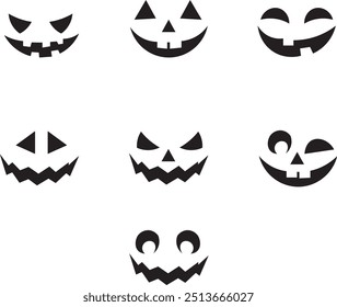 Conjunto de caras de monstruo de miedo. Jack O Lantern Cara Halloween Calabaza Icono Colección. Simple Creepy