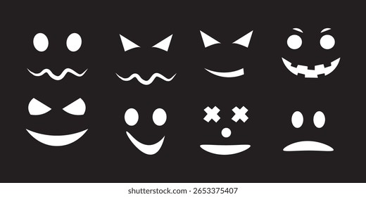 "Scary Monster Faces Set" (em inglês). Jack O Lanterna Face Halloween Pumpkin Icon Collection. Simples Ilustrações de Horror Assustador.