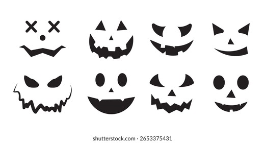 "Scary Monster Faces Set" (em inglês). Jack O Lanterna Face Halloween Pumpkin Icon Collection. Simples Ilustrações de Horror Assustador.