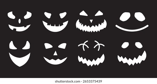 "Scary Monster Faces Set" (em inglês). Jack O Lanterna Face Halloween Pumpkin Icon Collection. Simples Ilustrações de Horror Assustador.