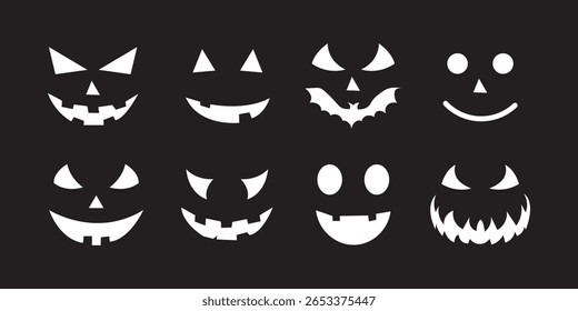 "Scary Monster Faces Set" (em inglês). Jack O Lanterna Face Halloween Pumpkin Icon Collection. Simples Ilustrações de Horror Assustador.
