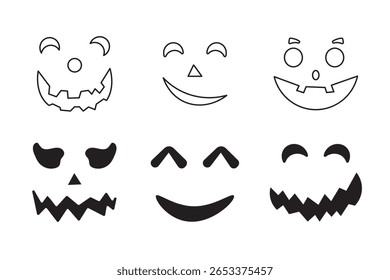 "Scary Monster Faces Set" (em inglês). Jack O Lanterna Face Halloween Pumpkin Icon Collection. Simples Ilustrações de Horror Assustador.