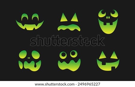 Scary Monster Faces Set. Jack O Lantern Face Halloween Pumpkin Icon Collection. Simple Creepy Horror Illustrations.