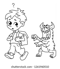 Scary monster follows the boy. Trying to scare him
