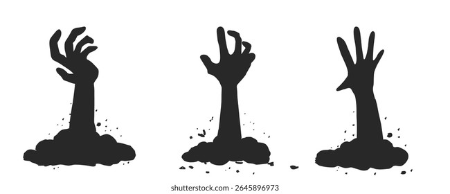 Scary monster hand emerging from the ground. Halloween-themed vector silhouette for horror designs.Evil undead hand silhouette clawing from the grave. Halloween graphic element
